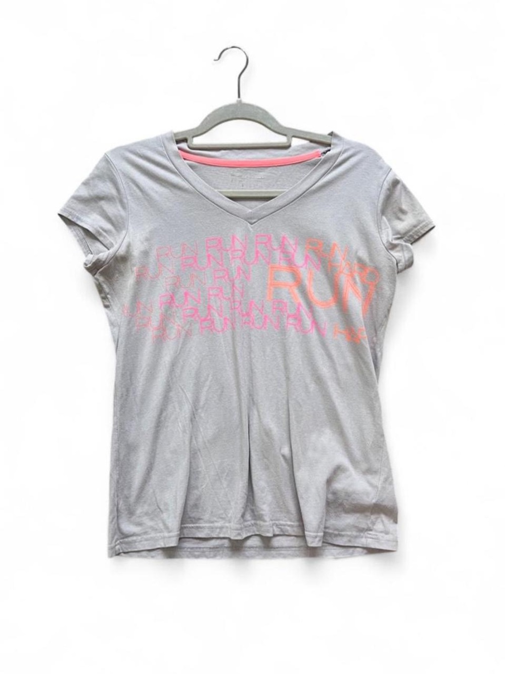 Nike Gray V-Neck Tee with Pink 'RUN' Graphic